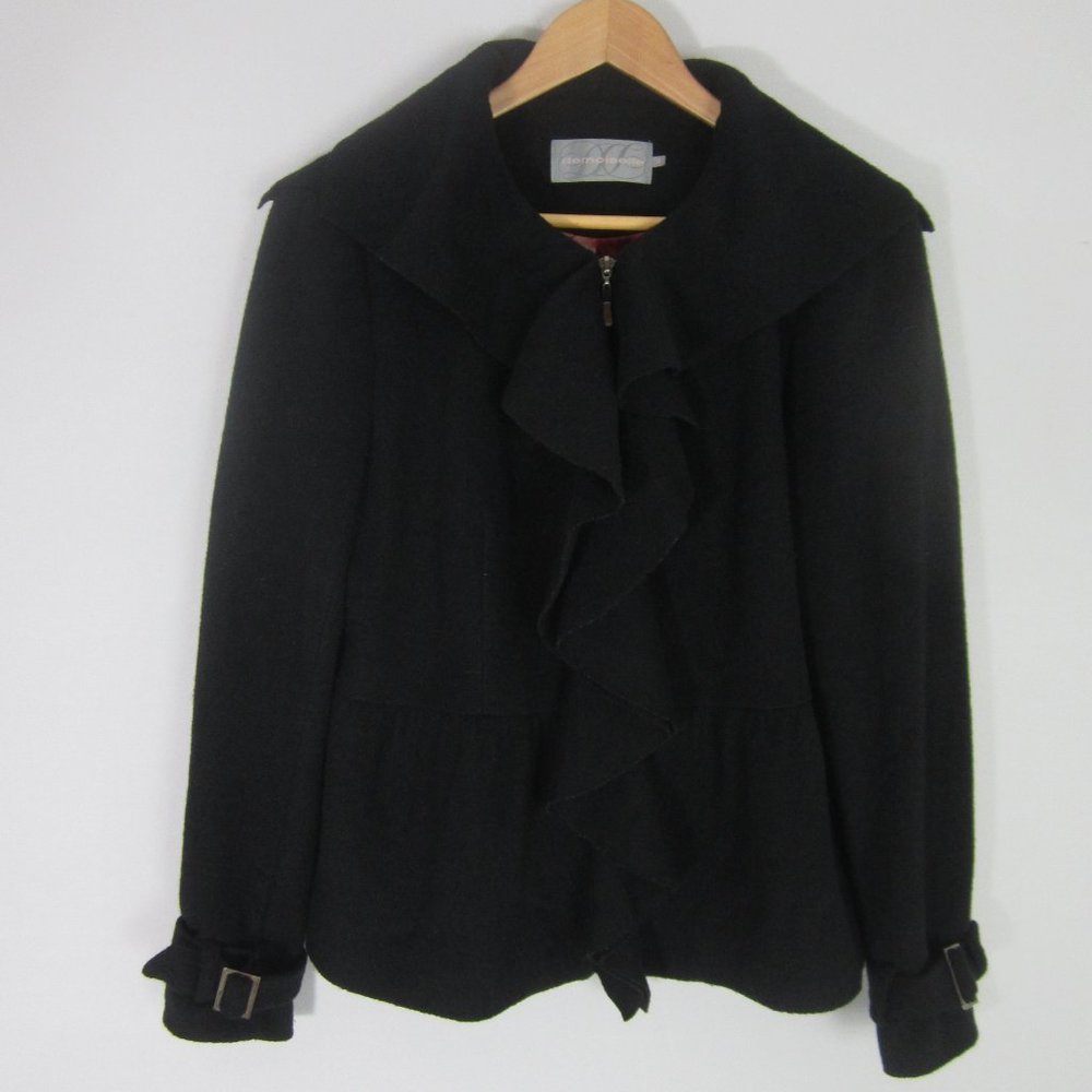 Demoiselle Womens Small Black Boiled Wool LS Lined Ruffle Front Zip Jacket S